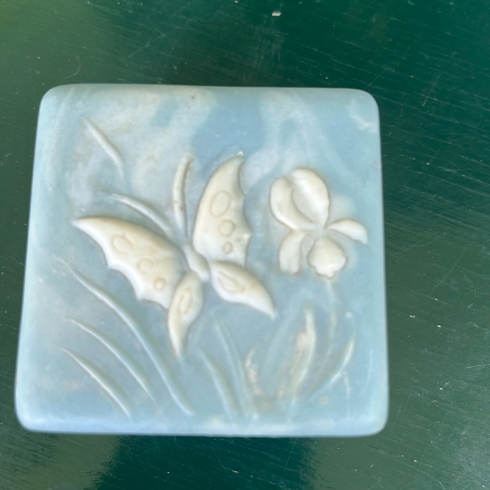Vintage Blue Sandstone Trinket Box with Raised Butterfly and Flower Design